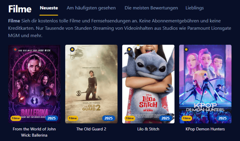 Screenshot der Benutzeroberfläche von Einschalten die eine moderne Streaming Plattform mit Filmen und Serien darstellt